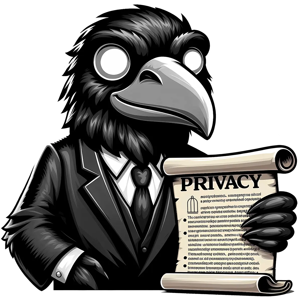 Ilustración de un cuervo con traje sosteniendo un documento de privacidad