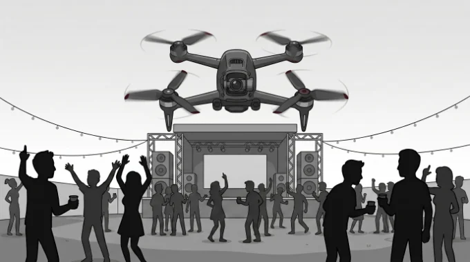 Ilustración de un dron sobrevolando un evento en directo con público